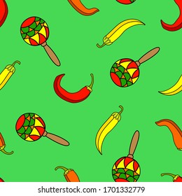Seamless pattern with hot chili peppers and maracas. Mexican background with pepper for textile, print.