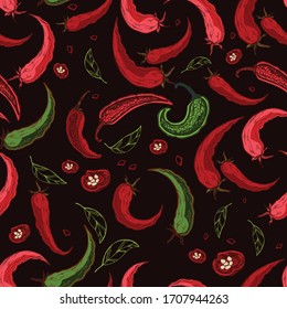 Seamless pattern Hot chili peppers. In the style of hand-drawn. A set of vegetables. Background for indian, mexican, oriental spicy food, spice shops, packaging, wrapping paper. Vector graphics.