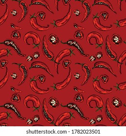 Seamless pattern Hot chili peppers. In the style of hand-drawn. A set of vegetables. Background for indian, mexican, oriental spicy food, spice shops, packaging, wrapping paper. Vector graphics.