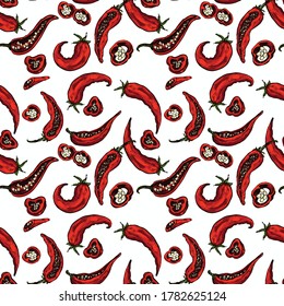 Seamless pattern Hot chili peppers. In the style of hand-drawn. A set of vegetables. Background for indian, mexican, oriental spicy food, spice shops, packaging, wrapping paper. Vector graphics.