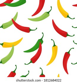 Seamless pattern with hot chili peppers, jalapeno vegetables, background with cayenne pepper red, green, yellow colors isolated on white background. Vector illustration