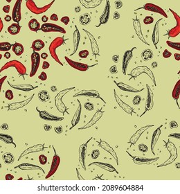 Nahtlose Muster Heiße Chilischoten. Im Stil der handgezeichnet. Eine Menge Gemüse. Hintergrund für indische, mexikanische, orientalisch gewürzte Speisen, Gewürzläden, Verpackungen, Packpapier. Vektorgrafiken.