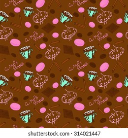 seamless pattern, hot chocolate and biscuits macaroon, cinnamon and coffee