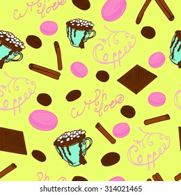 seamless pattern, hot chocolate and biscuits macaroon, cinnamon and coffee