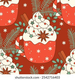 Seamless pattern with hot chocolate cup. Christmas drink. Red mug of cacao. Christmas drink vector illustration. red cup of hot drink. Cocoa or coffee decorated with cinnamone sticks