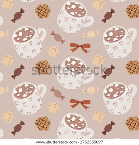 Seamless pattern with hot chocolate mugs, sweets, cookies and marshmallows. Hand drawn vector illustrations