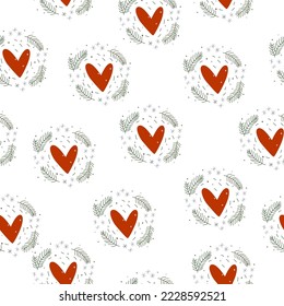 Seamless pattern with a hot Christmas heart and fir branches. Ideal for New Year and Christmas cards, printing on fabric, paper, mugs, backpacks, merch, scrapbooking.
