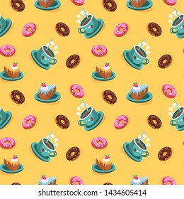 seamless pattern hot coffee Cup with sweets