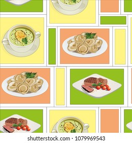 seamless pattern hot dishes. set of three dishes. Dumplings with greens. Beef with tomatoes. broccoli soup with a slice of bread. With the addition of geometries to the pattern. Bright colors