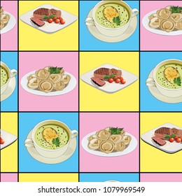 seamless pattern hot dishes. set of three dishes. Dumplings with greens. Beef with tomatoes. broccoli soup with a slice of bread. With the addition of geometries to the pattern. Bright colors