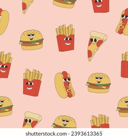 Seamless pattern with hot dog, burger, french fries and pizza. Cartoon characters in trendy retro style on pink background. Vector illustration