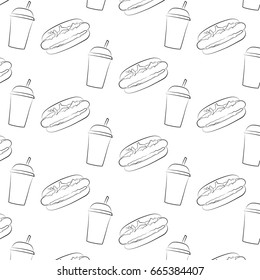 Seamless pattern of hot dog and a Cup with a straw.