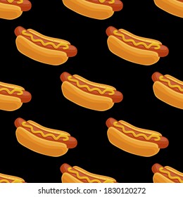 Seamless pattern of hot dog. Delicious fast food. Sausage in a bun with mustard. Vector illustration isolated on a black background for design and web.