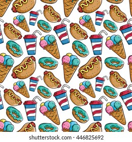 Seamless pattern of hot dog, donut, soda cup and ice cream