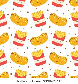 seamless pattern of hot dog and french fries characters on white background, vector illustration can be used in fast food designs, textiles