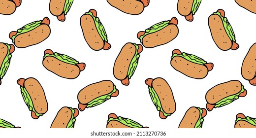 el patrón ininterrumpido del hot dog es horizontal. banner de perro caliente de comida callejera hecha a mano en estilo doodle, contorno negro y patrón de color, rollo de salchicha y ensalada verde en blanco para el diseño de etiqueta de menú 