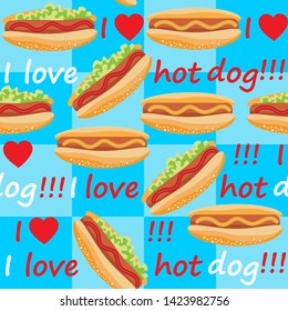 seamless pattern with hot dog images and "I love hot dog" lettering on a blue background. vector illustration. EPS 10.