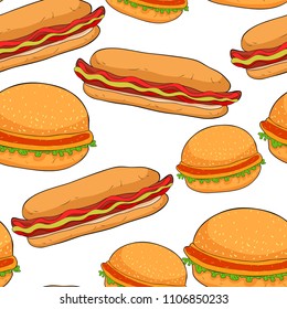 Seamless pattern hot dog with mustard and ketchup hamburger  vector illustration