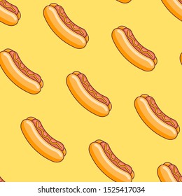 Seamless pattern with hot dog on yellow background. Vector texture.