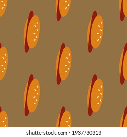 Seamless pattern with hot dog on gray-brown background. Vector image. 
