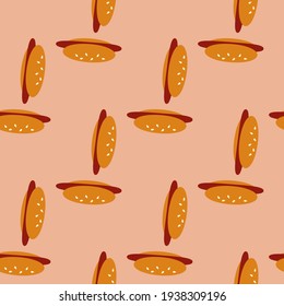 Patrón sin foco con perrito caliente sobre fondo naranja claro. Imagen vectorial. 