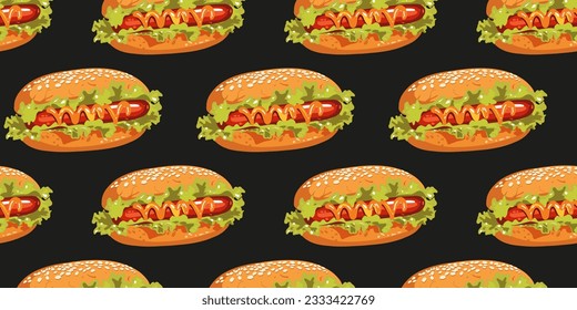 Seamless pattern with hot dog on a black background,
vector illustration