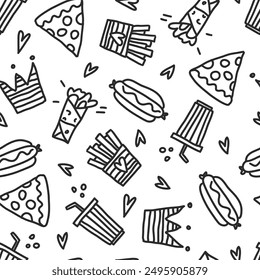 Patrón sin fisuras de hot dog, pizza, shawarma, papas fritas. Ilustración vectorial doodle. Plantilla para las cubiertas del cuaderno, modelo para los Fondos de pantalla, para el café, restaurante de comida rápida. Arte vectorial dibujado a mano. comida chatarra