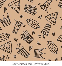 Patrón sin fisuras de hot dog, pizza, shawarma, papas fritas. Ilustración vectorial doodle. Plantilla para las cubiertas del cuaderno, modelo para los Fondos de pantalla, para el café, restaurante de comida rápida. Arte vectorial dibujado a mano. comida chatarra