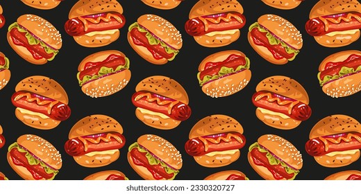 Patrón sin foco con hot dog o salchicha en masa, ilustración vectorial