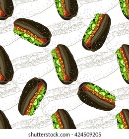 Seamless pattern hot dog scetch and color