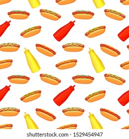 Seamless pattern with hot dogs and bottles of mustard and ketchup. Restaurant illustration. Fast food illustration. White background. Menu design. Vector illustration.