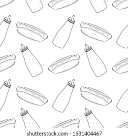Seamless pattern with hot dogs and bottles of mustard and ketchup. Restaurant illustration. Fast food illustration. White background. Menu design. Vector illustration. Black and white.