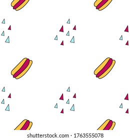 Seamless pattern of hot dogs. Fast street food. Tasty hot dogs. Suitable for decoration of fast food restaurants.