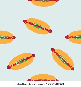 
Seamless pattern with hot dogs. National Hot Dog Day. Can be used for postcards, banners, wallpaper, fabric. Flat design style.