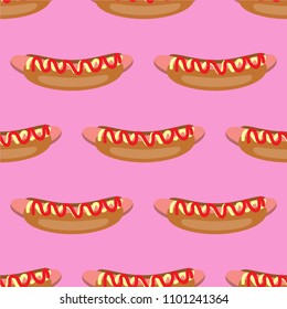 Seamless pattern with hot dogs on pink background.