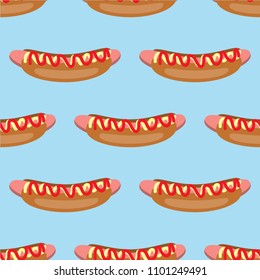 Seamless pattern with hot dogs on blue background.