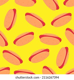 Seamless pattern with hot dogs on a yellow background in cartoon style. Vector fast food illustration background.
