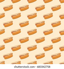 Seamless pattern with hot dogs on yellow background. Vector illustration of fast food with hot dogs in cartoon style