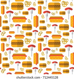 Seamless Pattern Hot Dogs, Pretzels, German Sausages Ornament Oktoberfest Beer Festival Holiday Decoration Concept Flat Vector Illustration