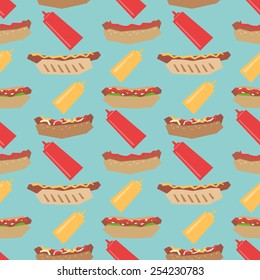 Seamless pattern with  hot dogs and sauce 