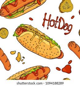 Seamless pattern with hot dogs, sausages, ketchup and mustard on white background. Colorful vector illustration in sketch style.