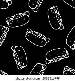 seamless pattern of hot dogs. vector pattern of hand-drawn hot dogs, street food in the style of doodles, white isolated outline of buns and sausages randomly arranged on a black menu 
