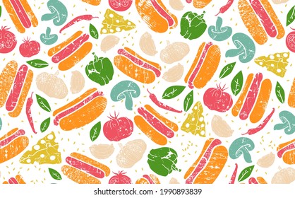 Seamless  Pattern with Hot Dogs and vegetables.  Texture with Food. Vector Background.