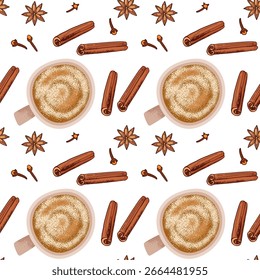 Nahtloses Muster mit Heißgetränketasse und Gewürzen, Draufsicht. Cappuccino in Tasse für Café-Menü. Wiederholter Hintergrund für Tapete, Umschlag, Verpackung, Textil, Scrapbooking.