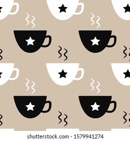 Seamless pattern with hot drink cups. Stylish flat print. Simple vector illustration.