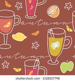 Seamless pattern of hot drinks for Christmas time. Autumn and winter holidays. Hand-drawn illustration.