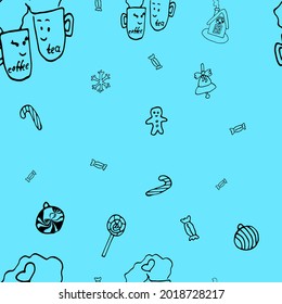 seamless pattern hot drinks and  sweets doodle set 