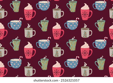 Seamless pattern with hot drinks and sweets. Background of hand drawn christmas cups 