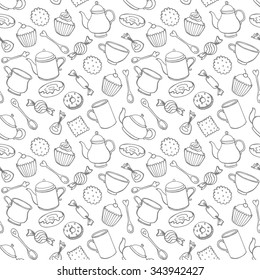 Seamless  pattern with the Hot drinks, sweets and pastries.Background in vector.