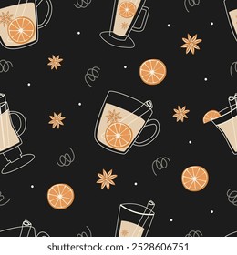 Seamless pattern with hot mulled wine on a black background.